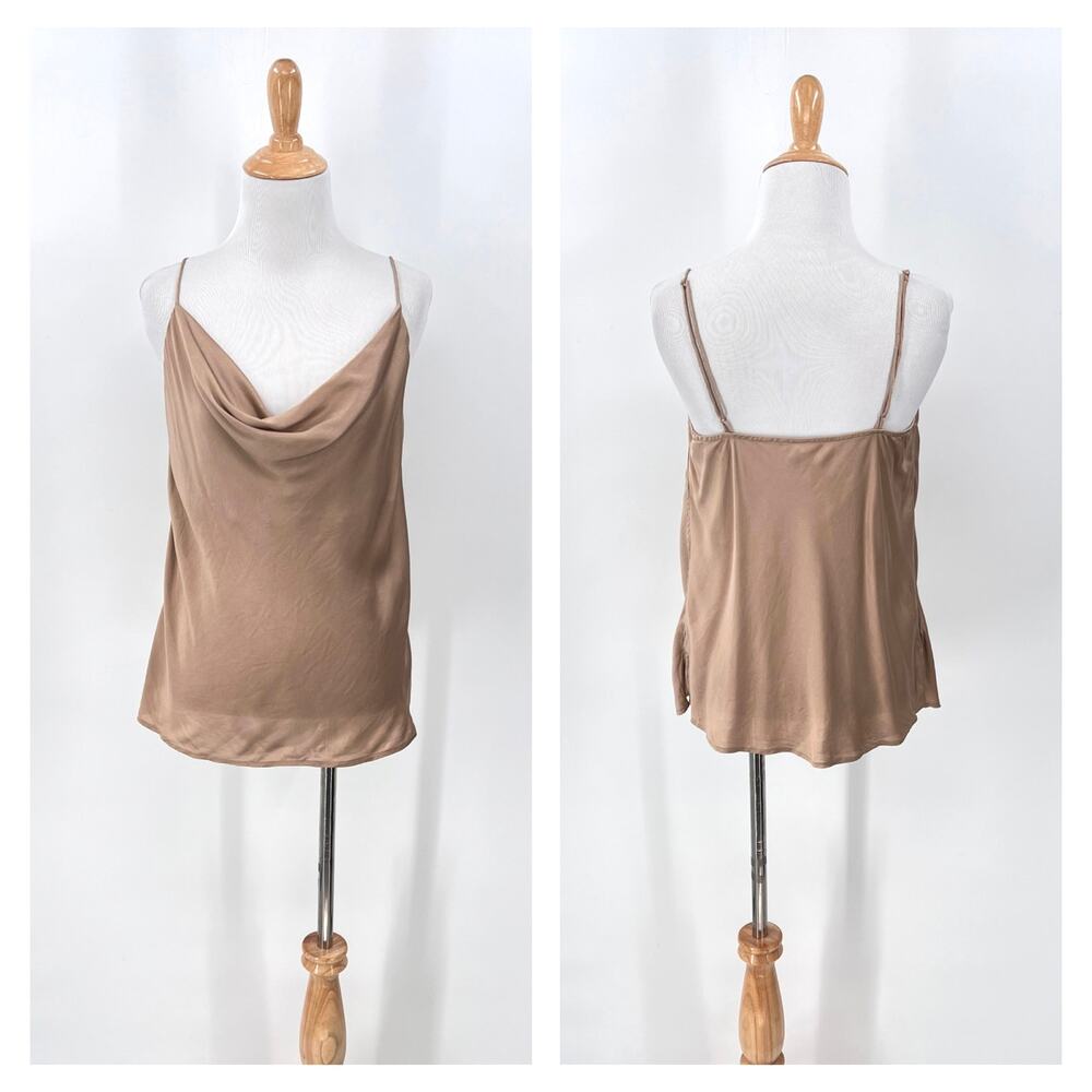 SKIN WORLDWIDE Washable Silk Cowl Neck Cami Tank Womens Large 3 Light Brown Tan